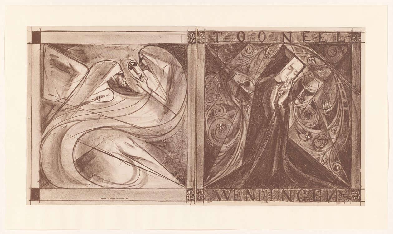 Pokrowiec na Twisty z zakonnicą z kwiatami i dwoma duchami, jeden z maską w ręku autorstwa Jan Toorop