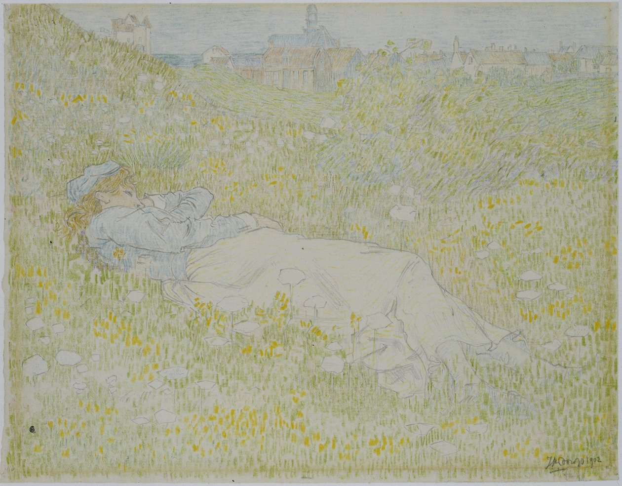 Kobieta leżąca na wydmach w pobliżu Noordwijk Dziewczyna leżąca na trawie z sylwetką Noordwijk w tle autorstwa Jan Toorop
