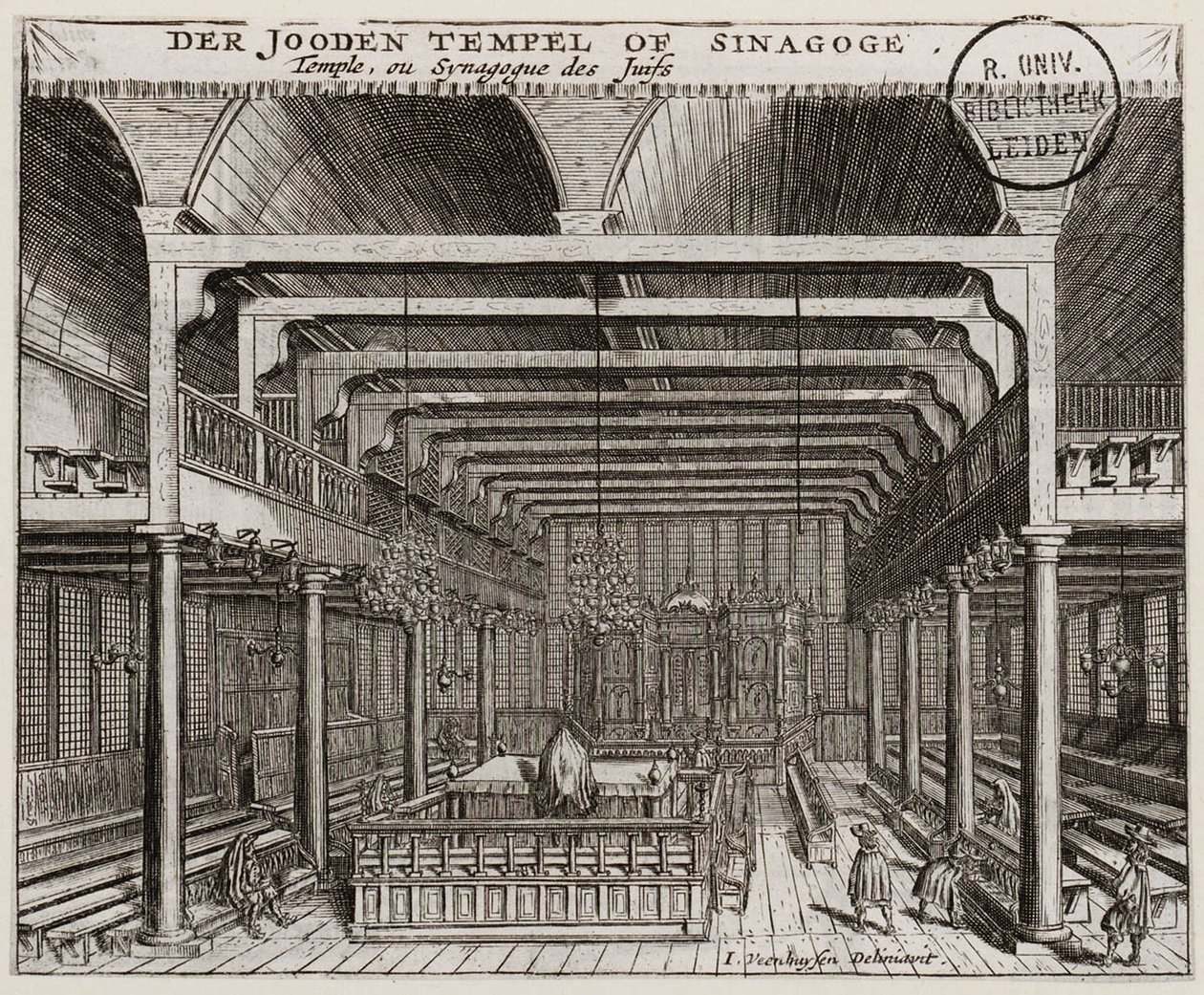 Wnętrze Synagogi Portugalskiej w Amsterdamie - Veenhuysen, Jan (czynny 1656-1685) - Miedzioryt - 11,2x13,7 - Leiden University Library autorstwa Jan Veenhuysen