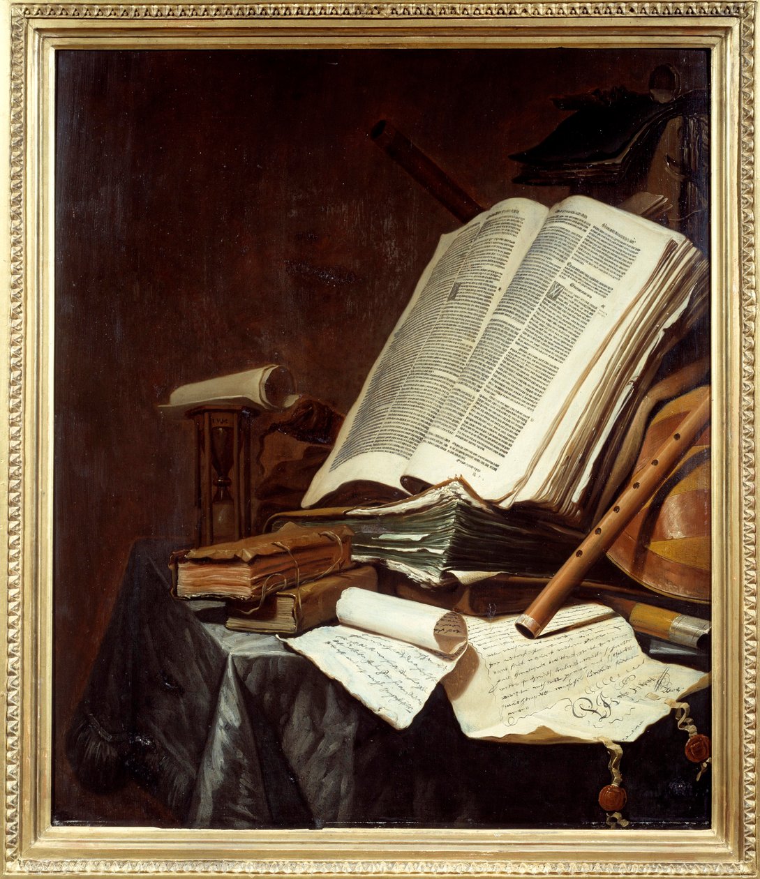 Księgi i instrumenty muzyczne Malarstwo Jana Vermeulena (1638-1674) XVII w. Niedz. 0,78x0,69 m Nantes, musee des Beaux Arts autorstwa Jan Vermeulen