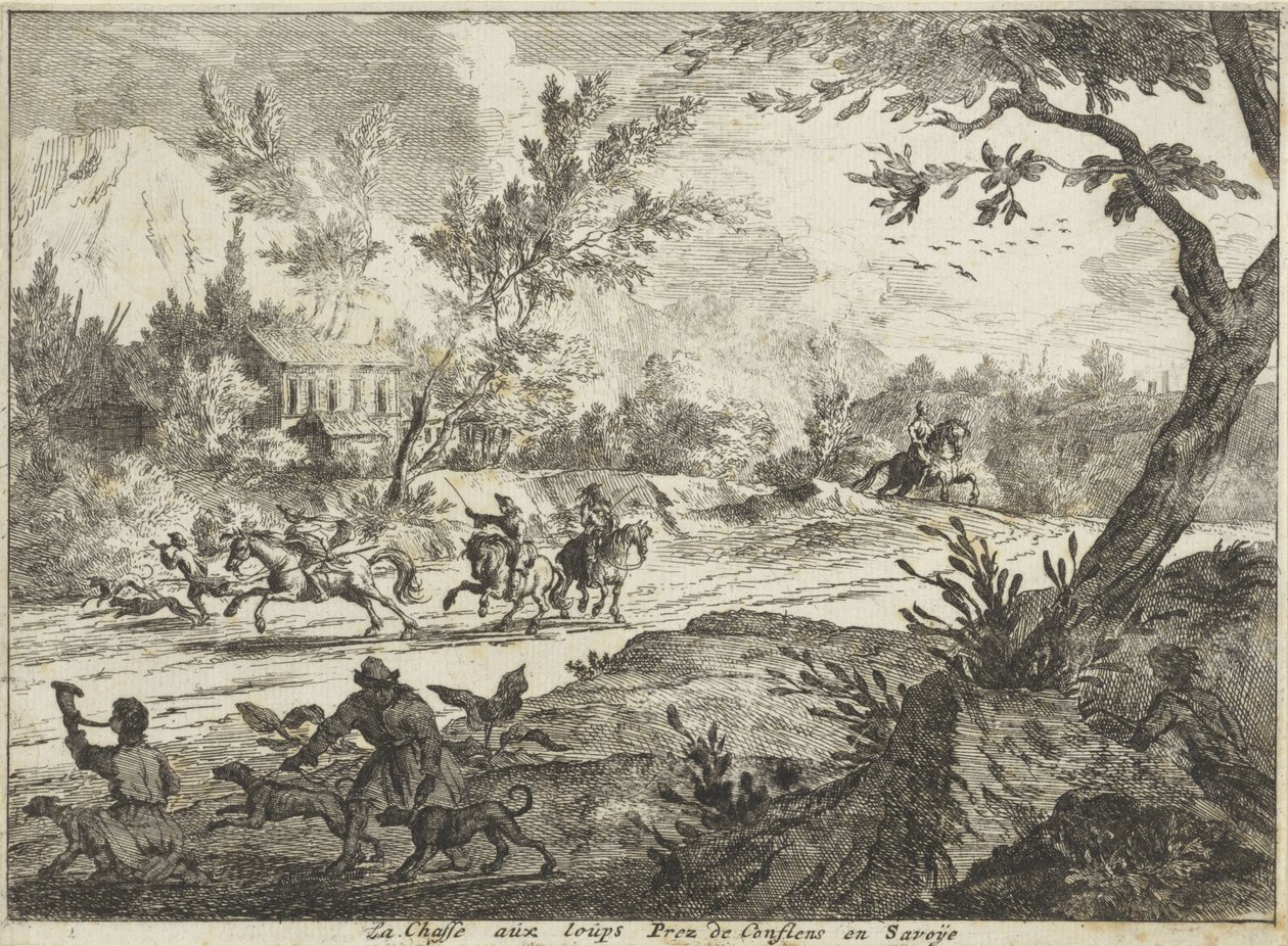 Polowanie na wilki w Conflans, Savoie La Chasse aux Lops Prez de Conflans en Savoije (tytuł na obiekcie) Twarze w Sabaudii (tytuł serii) autorstwa Jan Vincentsz. van der Vinne