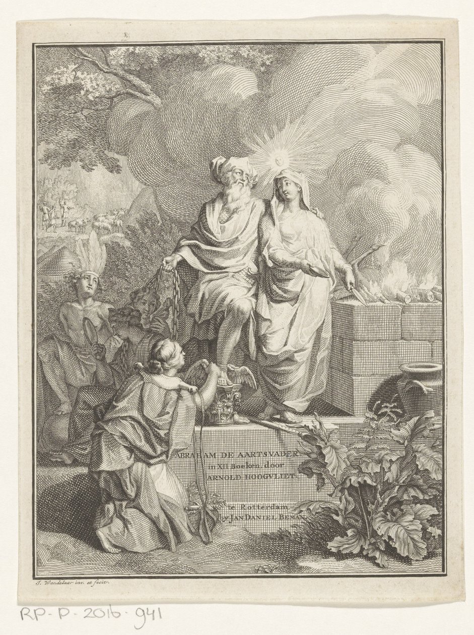 Alegoryczna karta tytułowa z Patriarchą Abrahamem i Prawdą Strona tytułowa dla: Arnold Hoogvliet, Abraham Patriarcha, w XII Boeken, 1728 autorstwa Jan Wandelaar