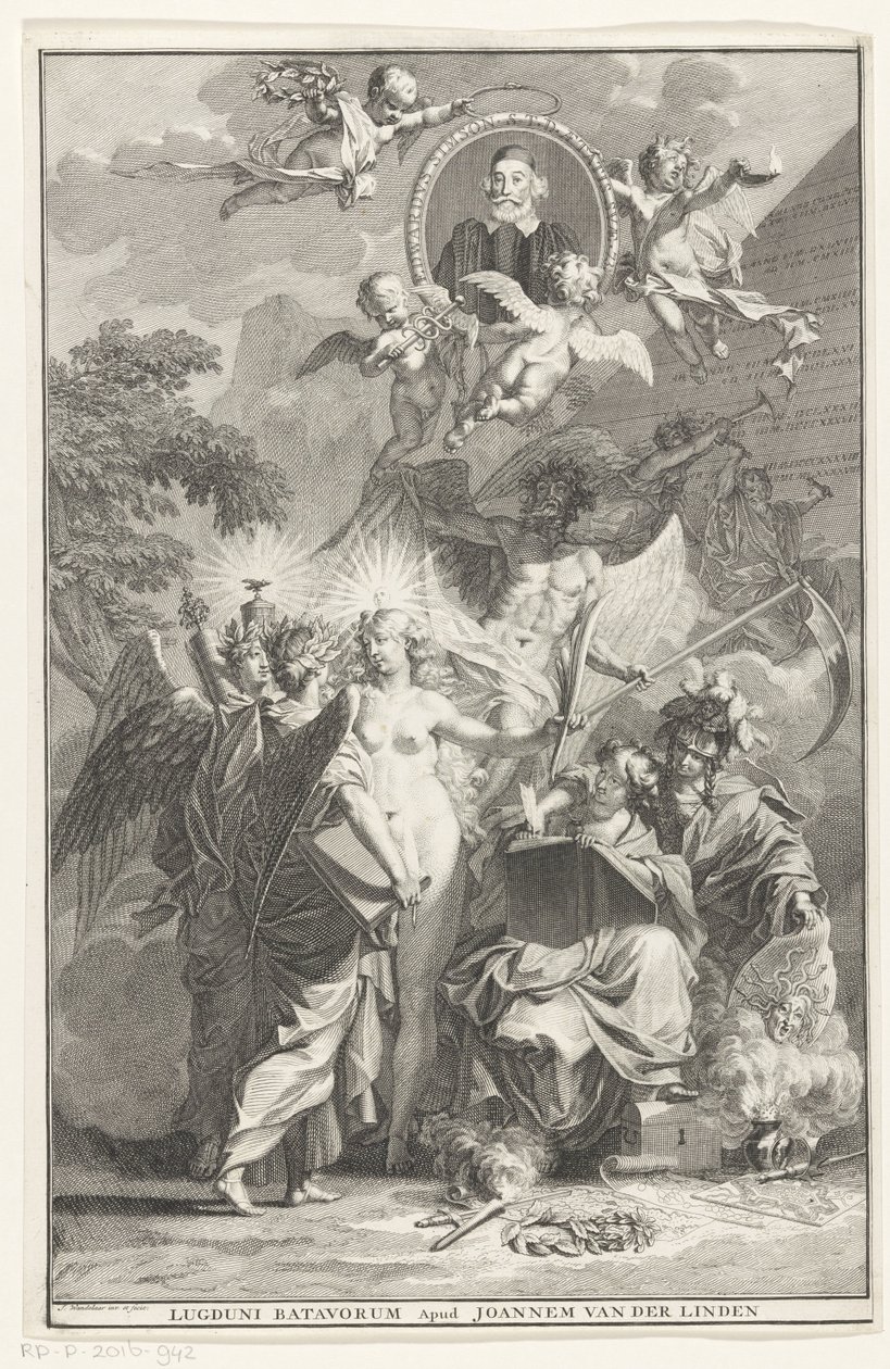 Alegoryczna karta tytułowa z portretem pisarza Edwarda Simsona Strona tytułowa za: Edward Simson, Chronicon historym catholicam complectens, 1729 autorstwa Jan Wandelaar