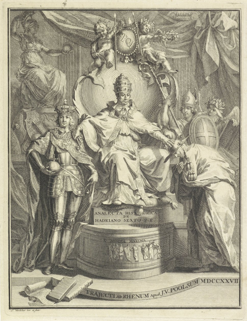 Na tronie Adrian VI Tytuł strony dla: Burmann, Kasper. Hadrianus VI lub historyczna anakleta Hadrianusa szóstego papieża rzymskiego, 1727 autorstwa Jan Wandelaar