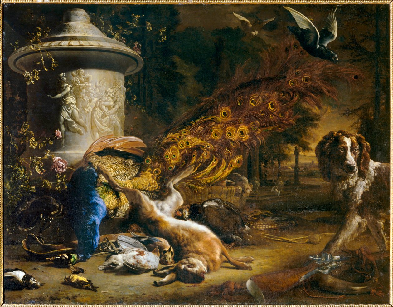 Martwa natura z pawiem i psem lub Produkty polowania. 1696 ... autorstwa Jan Weenix