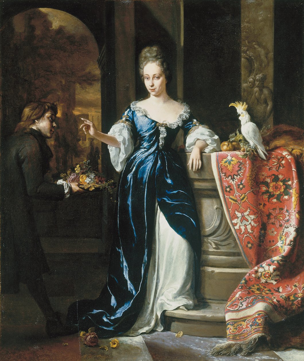 Portret Lodewiny Schey w niebieskiej sukience, z opiekunką niosącą kwiaty autorstwa Jan Baptist Weenix