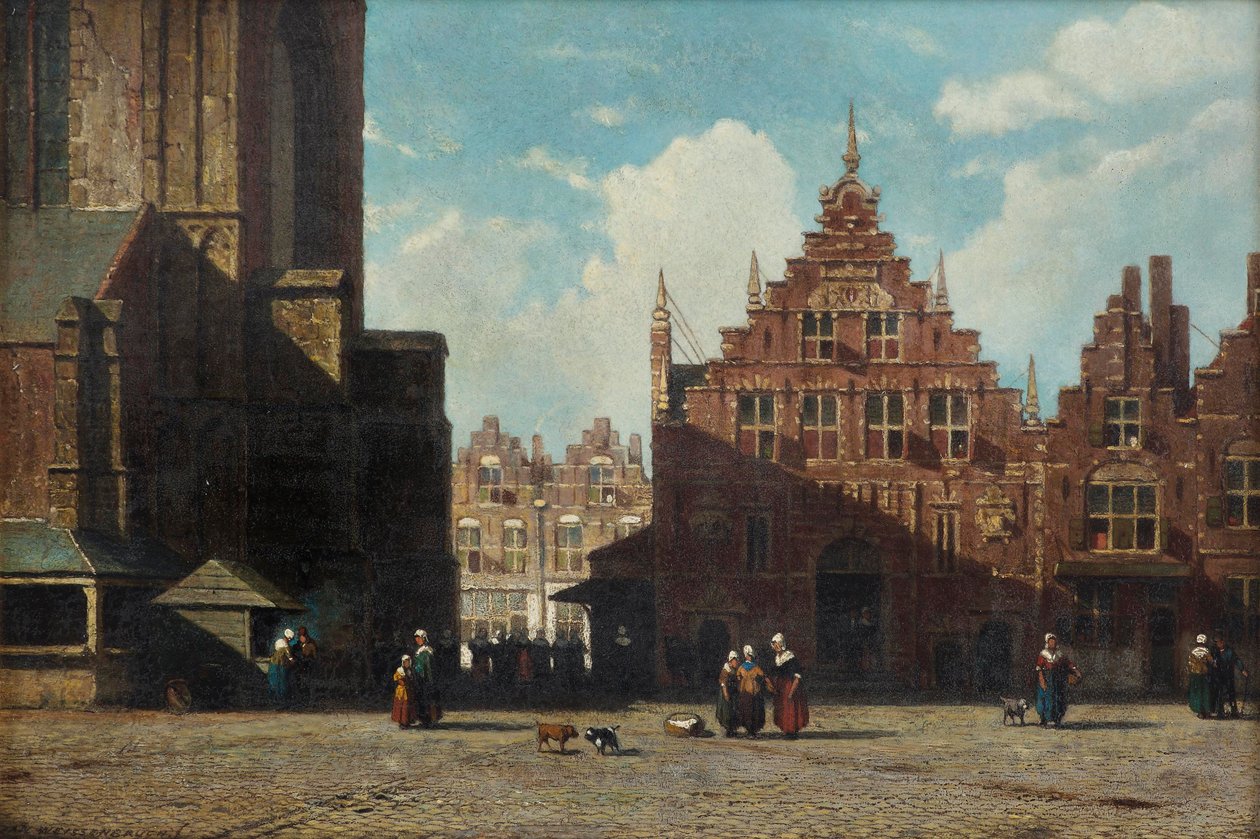 Słoneczny widok na Grote Markt z kościołem św. Bavo i Vleeshal w Haarlem (olej na desce) autorstwa Jan Weissenbruch