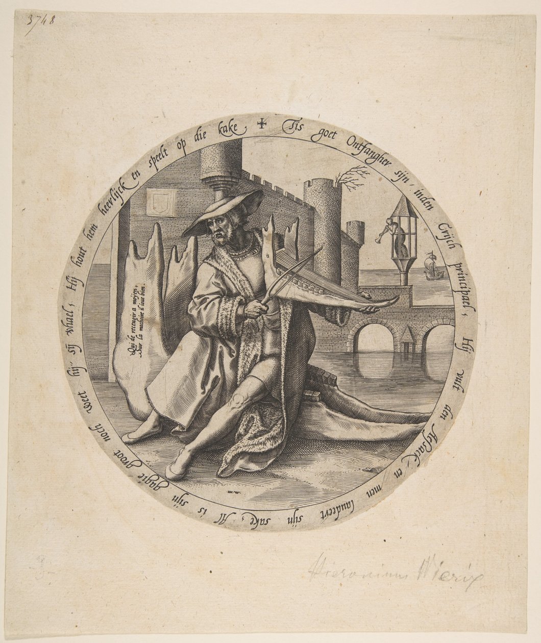 Bogacz grający na skrzypcach na kości szczęki, ca. 1568. autorstwa Jan Wierix