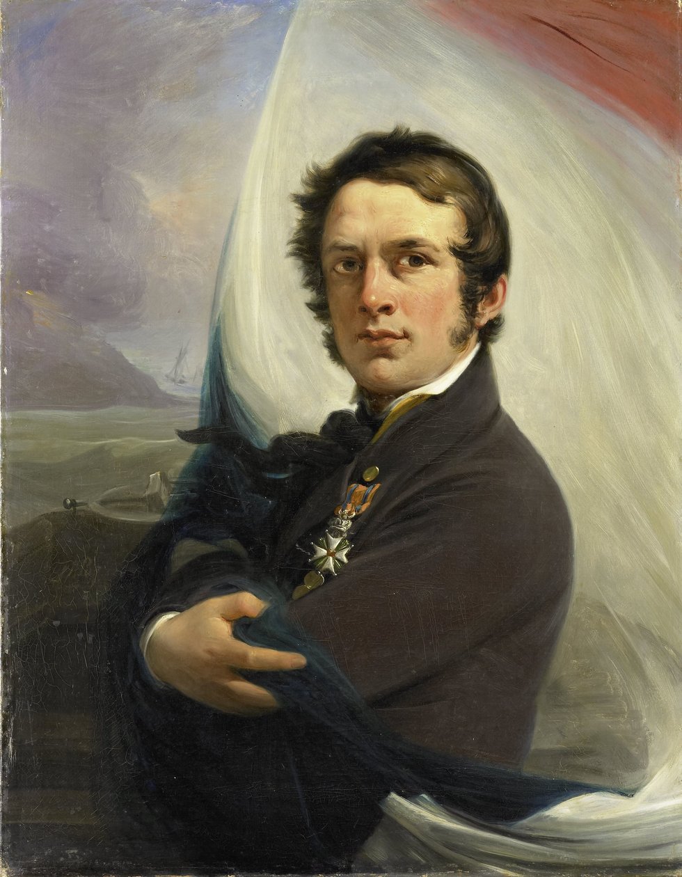 Portret Jacoba Hobeina, Uratowano holenderską flagę pod ostrzałem wroga, 18 marca 1831 autorstwa Jan Willem Pieneman (signed by artist)