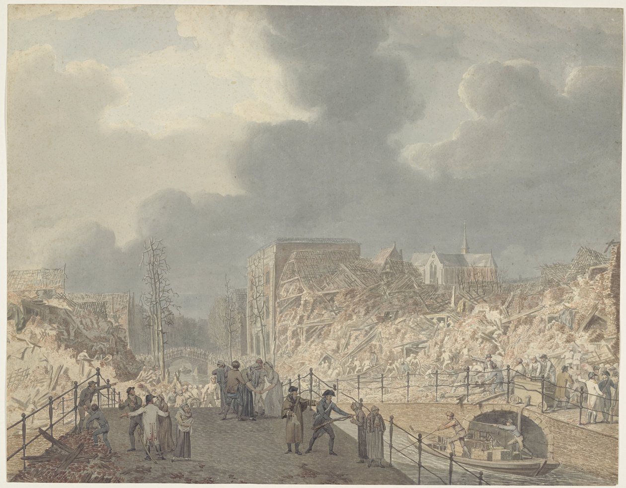 Widok ruin na Rapenburgu w Lejdzie po eksplozji prochowca 12 stycznia 1807 r. autorstwa Jan Willem Pieneman