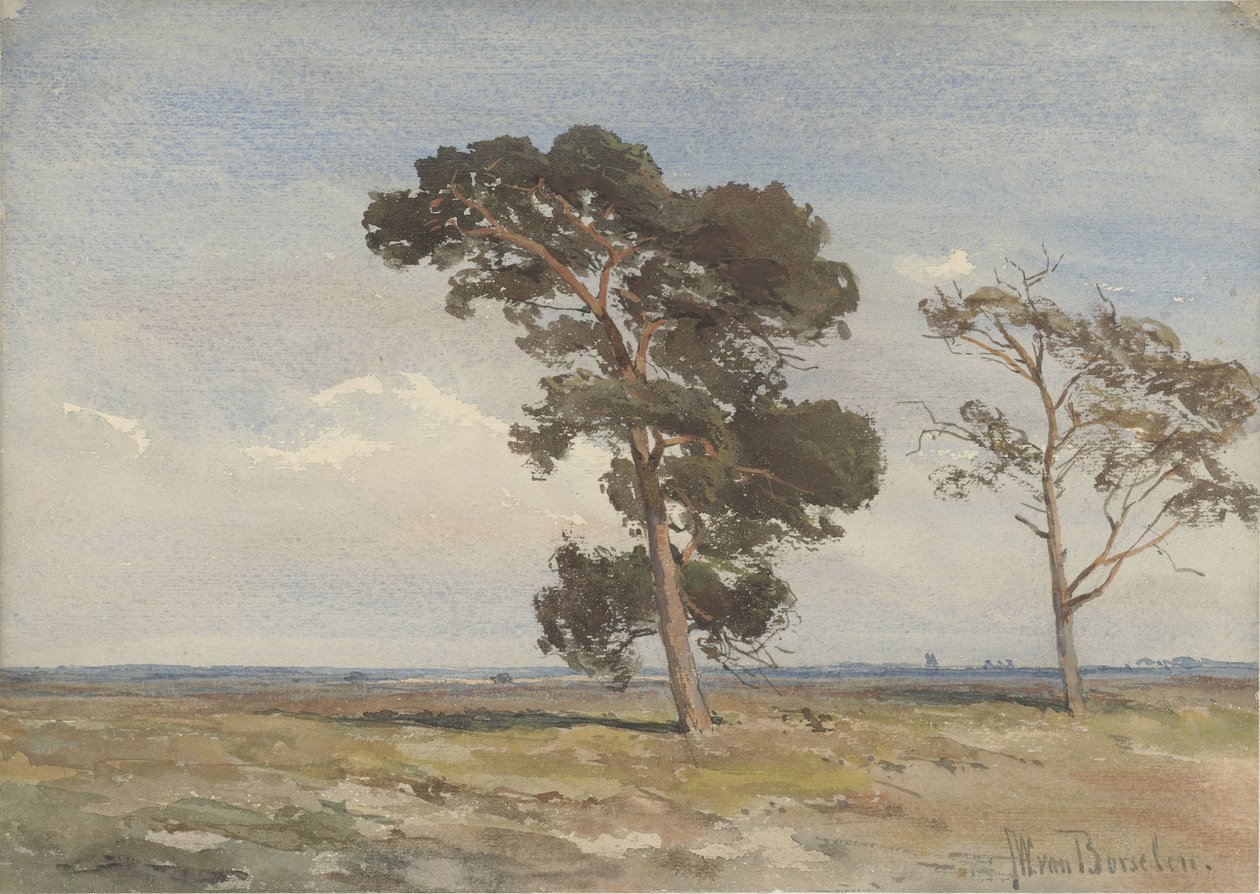 Widok na wrzosowisko z dwoma drzewami autorstwa Jan Willem van Borselen