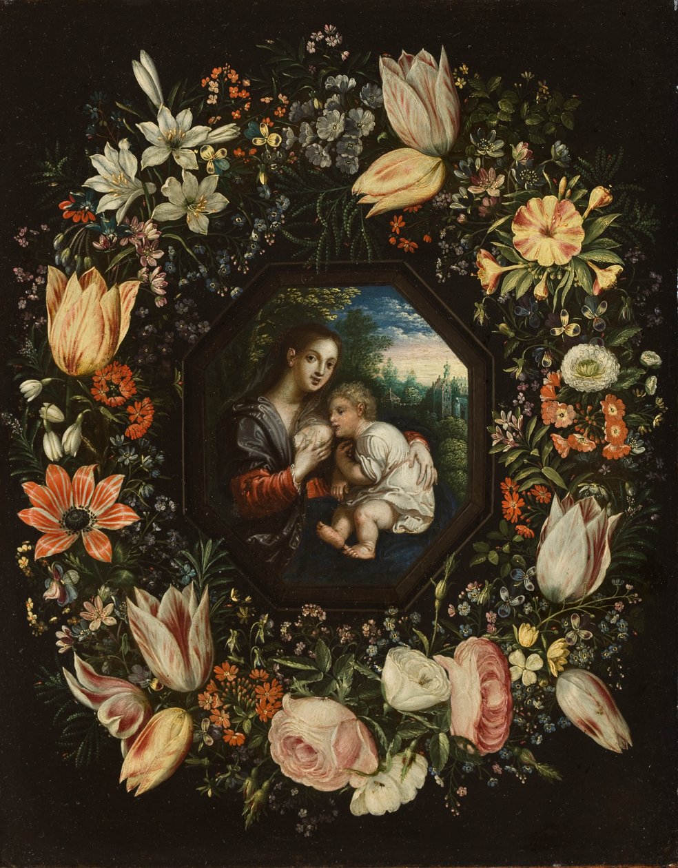 Madonna z Dzieciątkiem w wianku z kwiatów, ok. 1625 (olej na miedzi) autorstwa Jan and Balen, Hendrik van Brueghel