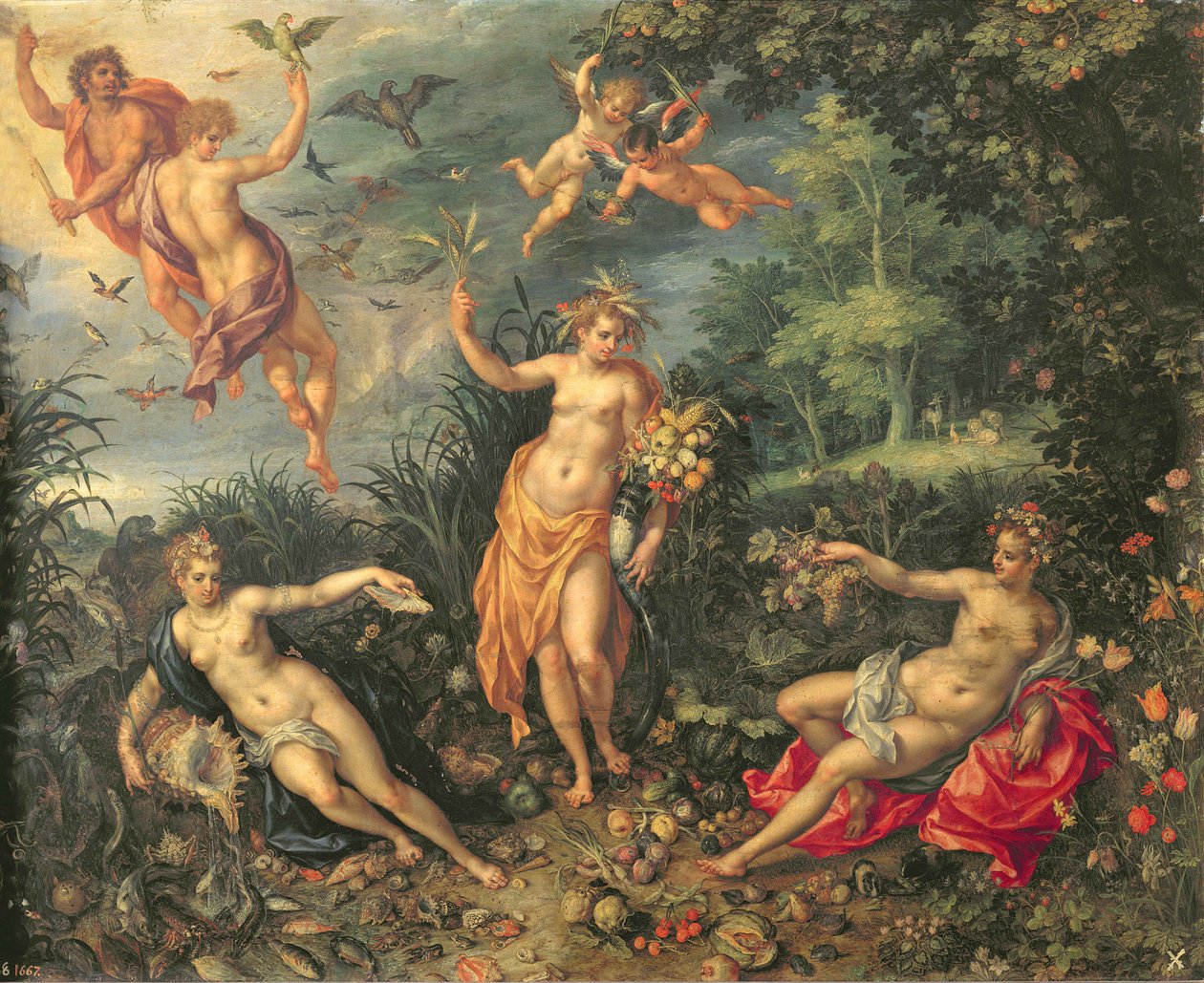 Obfitość i cztery żywioły, ok. 1606 (olej na miedzi) autorstwa Jan and Clerk, H. Brueghel