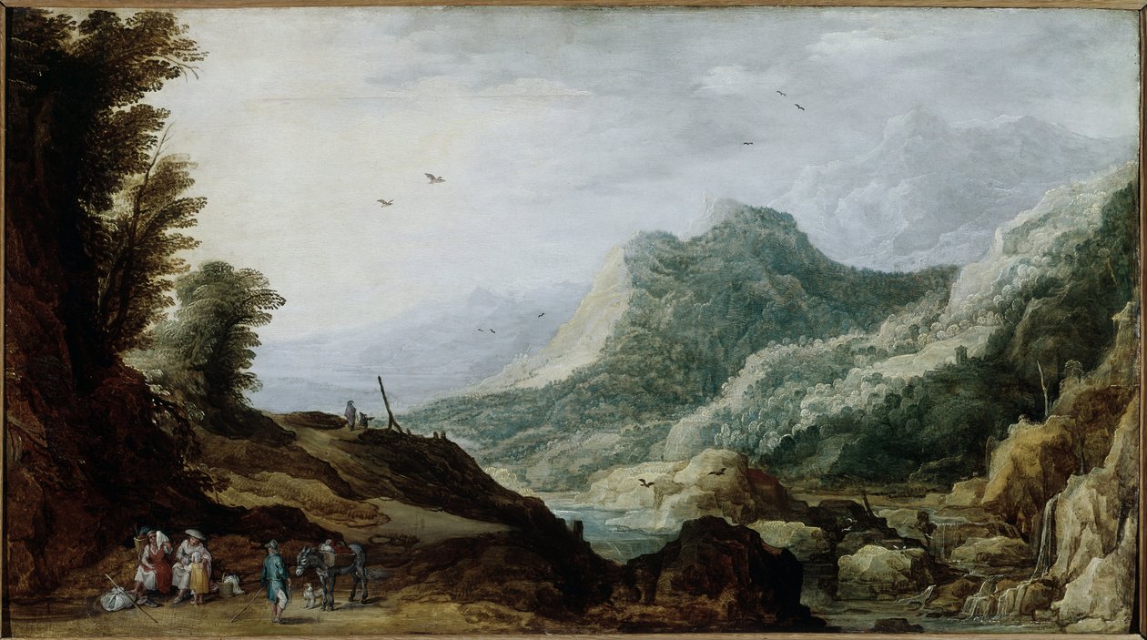 Górski krajobraz z chłopską rodziną na poboczu (Malarstwo, ok. 1620-1630) autorstwa Jan and Momper Joos de  Brueghel