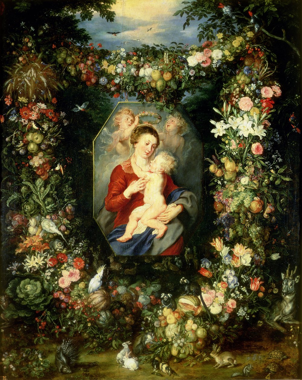 Dziewica z Dzieciątkiem w wianku z owoców i kwiatów, ok. 1614-18 autorstwa Jan and Rubens, P.P. Brueghel