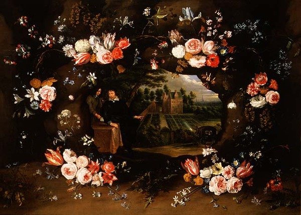 Girlanda kwiatów otaczająca medalion przedstawiający Nicolasa de Man przed jego posiadłością w Antwerpii, 1653 autorstwa Jan and Uden Brueghel