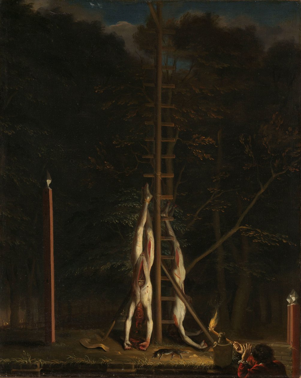 Zwłoki braci De Witt Zwłoki braci de Witt, Jana i Cornelisa, Wiszące na Groene Zoodje na Vijverberg, Haga, 1672 autorstwa Jan de Baen (attributed to)