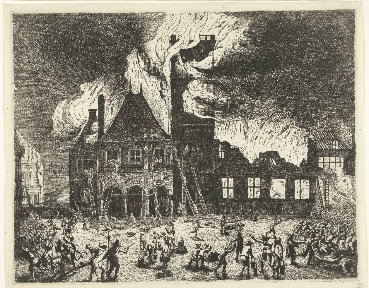 Pożar w Starym Ratuszu w Amsterdamie, 1652 Wizerunek dawnych Stadthuys spalonych do Amsterdamu 7 lipca 1652 r. autorstwa Jan de Baen