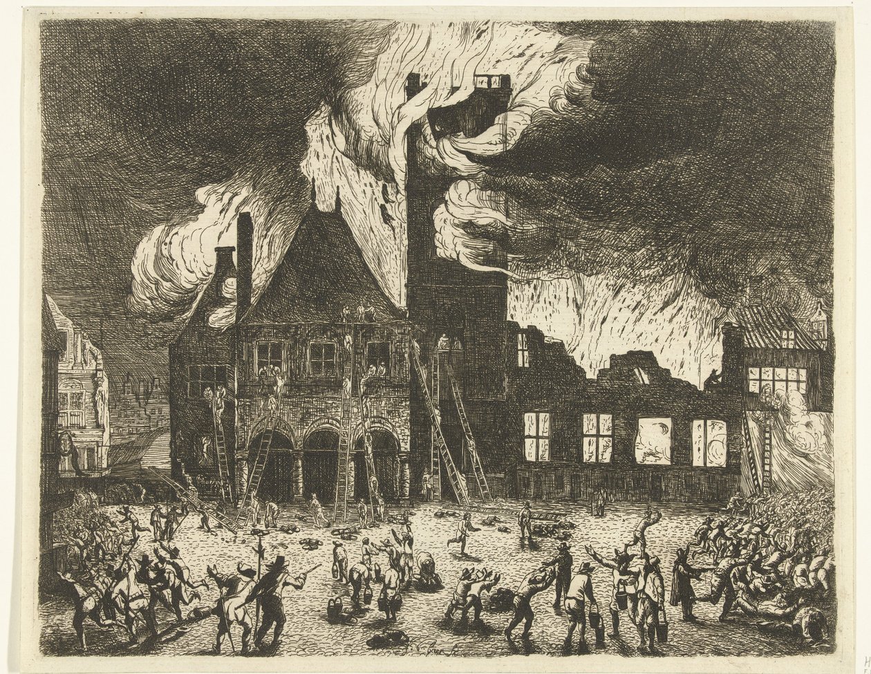 Stary ratusz w Amsterdamie w ogniu autorstwa Jan de Baen