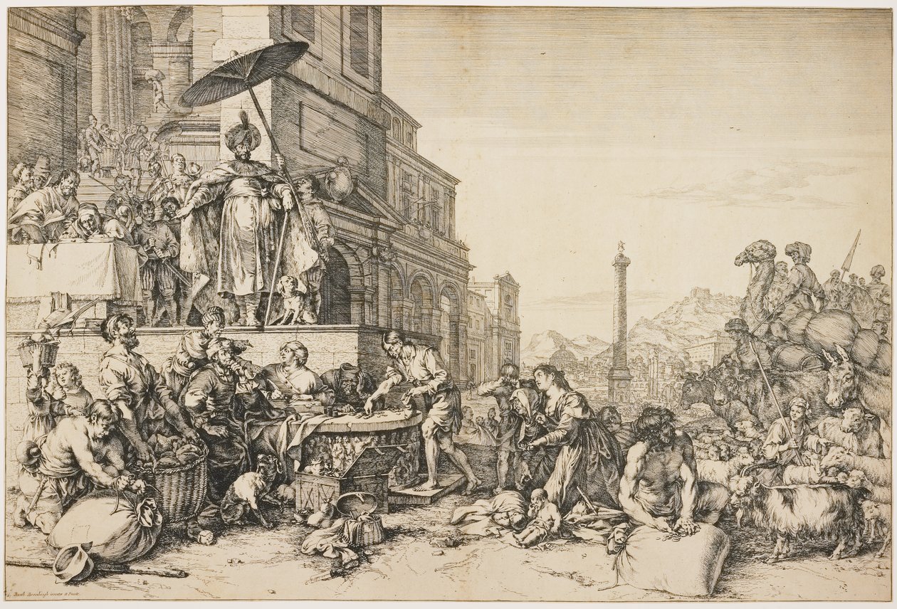 Józef rozdający zboże w Egipcie, ok. 1648-57 (akwaforta) autorstwa Jan de Bisschop