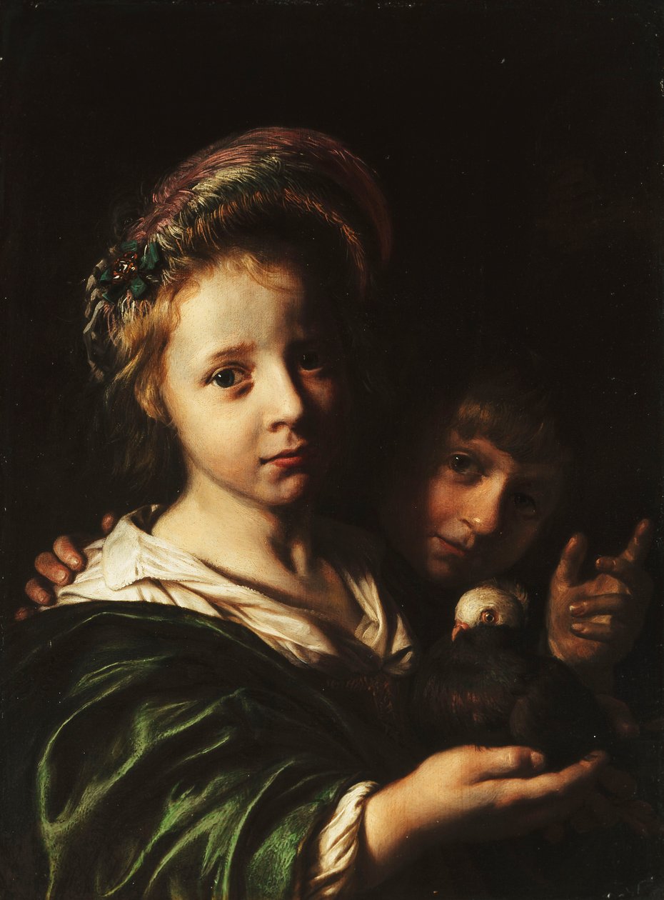 Dziewczynka trzymająca gołębia i gestykulujący chłopiec, 1652 autorstwa Jan de Bray