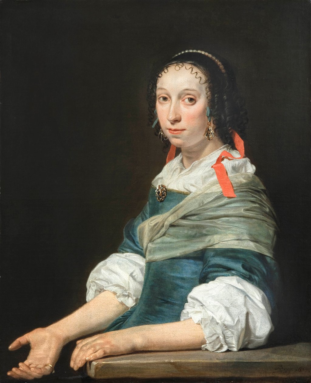 Portret damy z czerwoną wstążką we włosach autorstwa Jan de Bray