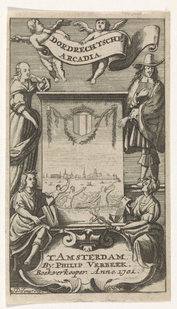 Cztery postacie wokół ramy z widokiem Dordrecht Strona tytułowa dla: Dordrechtsche Arcadia, 1701 autorstwa Jan de Jonge