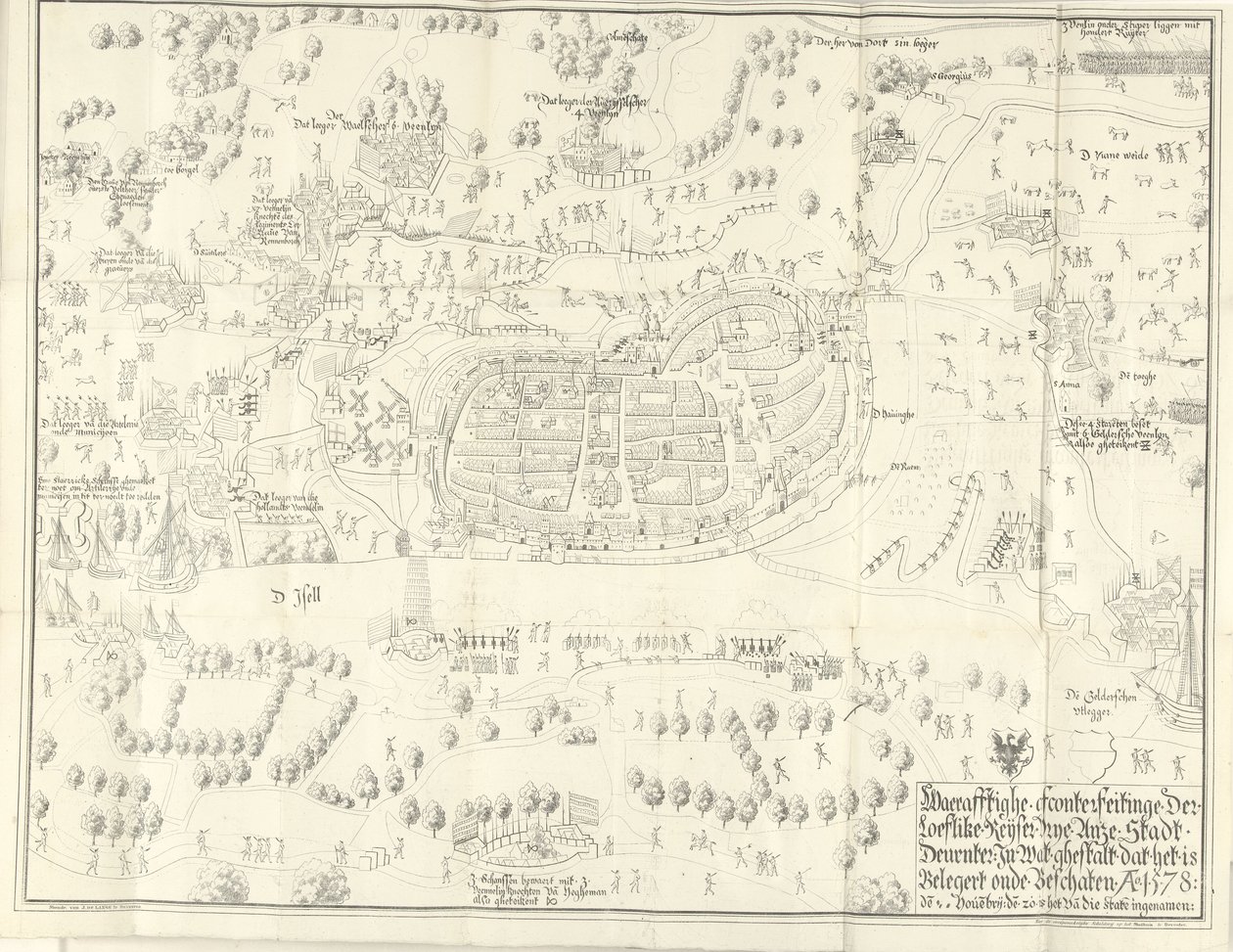 Oblężenie i zdobycie Deventer, 1578 Waerafftighe afconterfeitinge der loeflike Keyser free Anze Stadt Deventer W jakim ghestalt to Belgert onde Beschaten Ao. 1578 (tytuł na obiekcie) autorstwa Jan de Lange (II) (signed by artist)