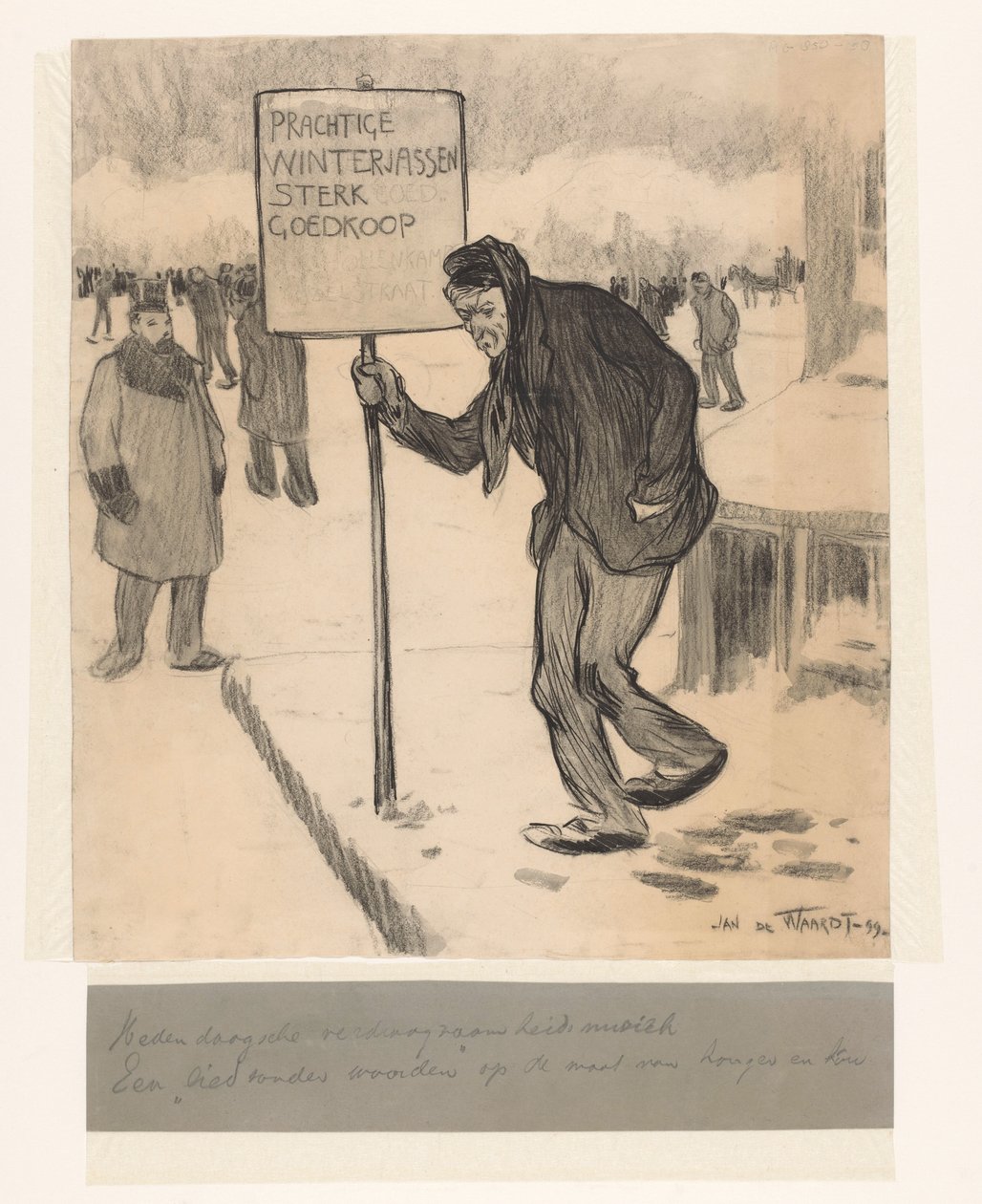 Uliczny sprzedawca ze znakiem Piękne zimowe płaszcze bardzo tanie autorstwa Jan de Waardt (signed by artist)