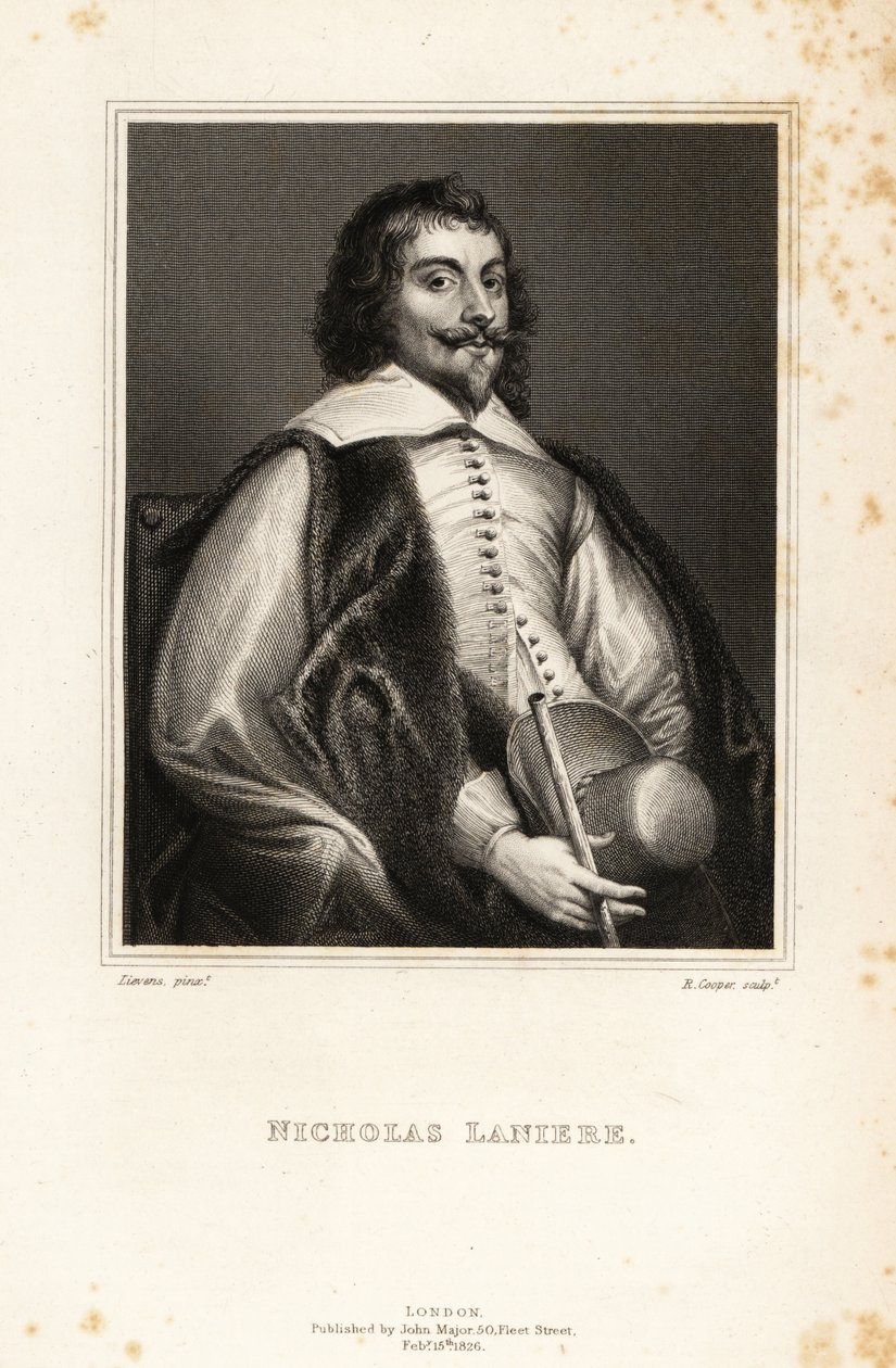 Portret Nicholasa Laniere, angielskiego kompozytora, mistrza muzyki królewskiej, muzyka, kolekcjonera, rytownika i doradcy artystycznego autorstwa Jan the Elder (after) Lievens