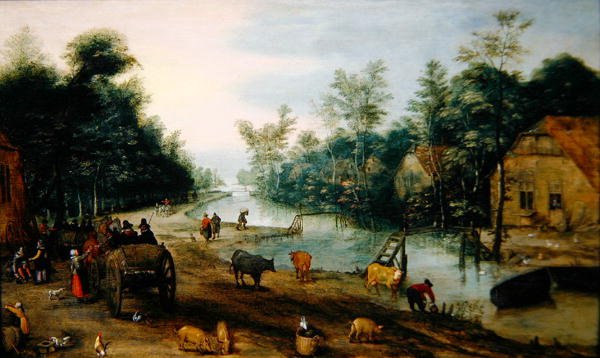 Zalesiony krajobraz rzeki w lecie z podróżnikami przybywającymi do gospody (olej na panelu) autorstwa Jan the Elder (circle of) Brueghel