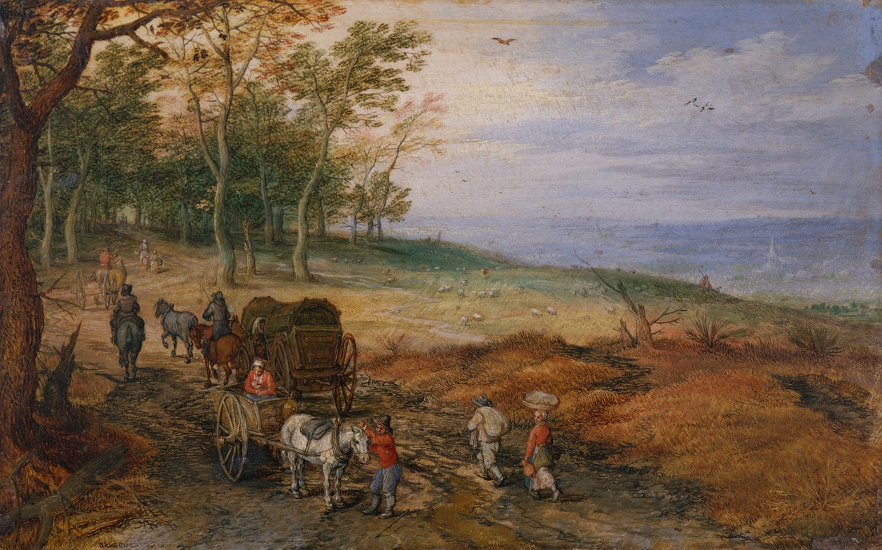 Zalesiony krajobraz z podróżnikami (olej na miedzi) autorstwa Jan the Elder Brueghel