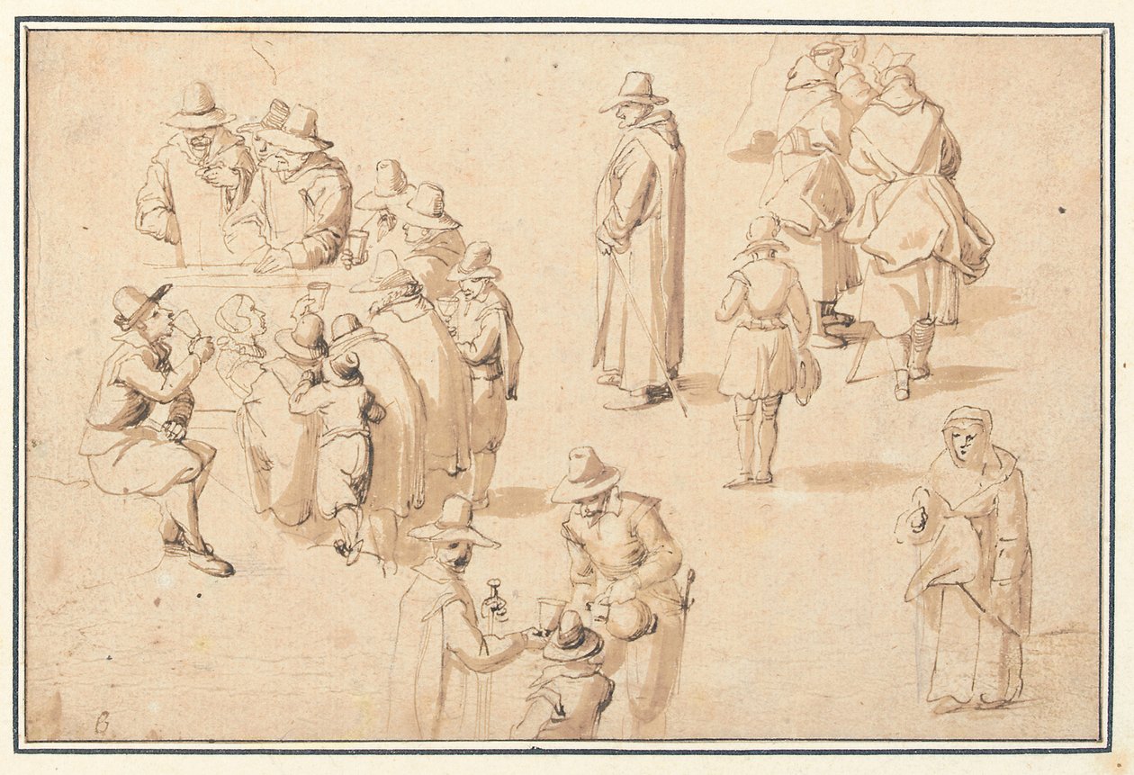 Fontanna w Spa ze studiami eleganckich postaci biorących wodę oraz dwóch mnichów i księdza autorstwa Jan the Elder Brueghel