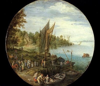 Zalesione ujście rzeki z promem (olej na panelu) autorstwa Jan the Elder Brueghel