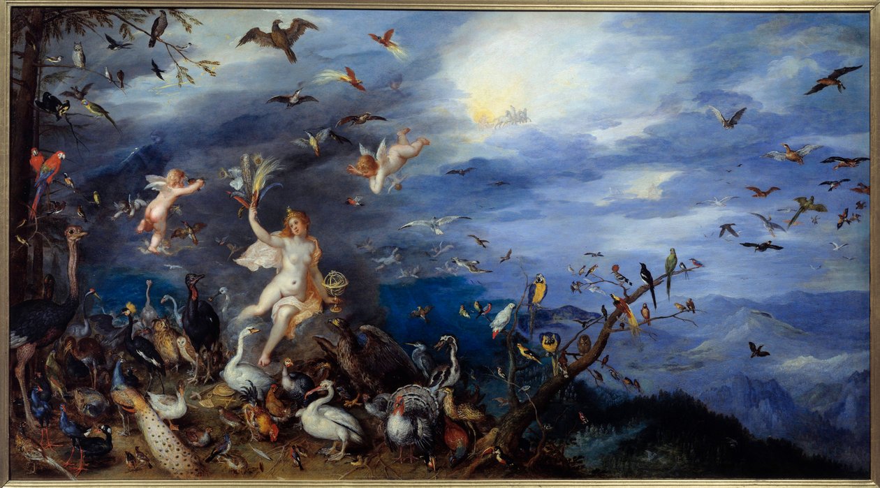 Alegoria Powietrza Młoda naga kobieta w otoczeniu wszystkich gatunków ptaków. Obraz Jana Brueghela Le Vieux nazywa Brueghel de Velours (Brueghel lub Brueghel autorstwa Jan the Elder Brueghel