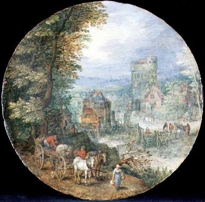 Rozległy zalesiony krajobraz z miastem, młynem i chłopami autorstwa Jan the Elder Brueghel