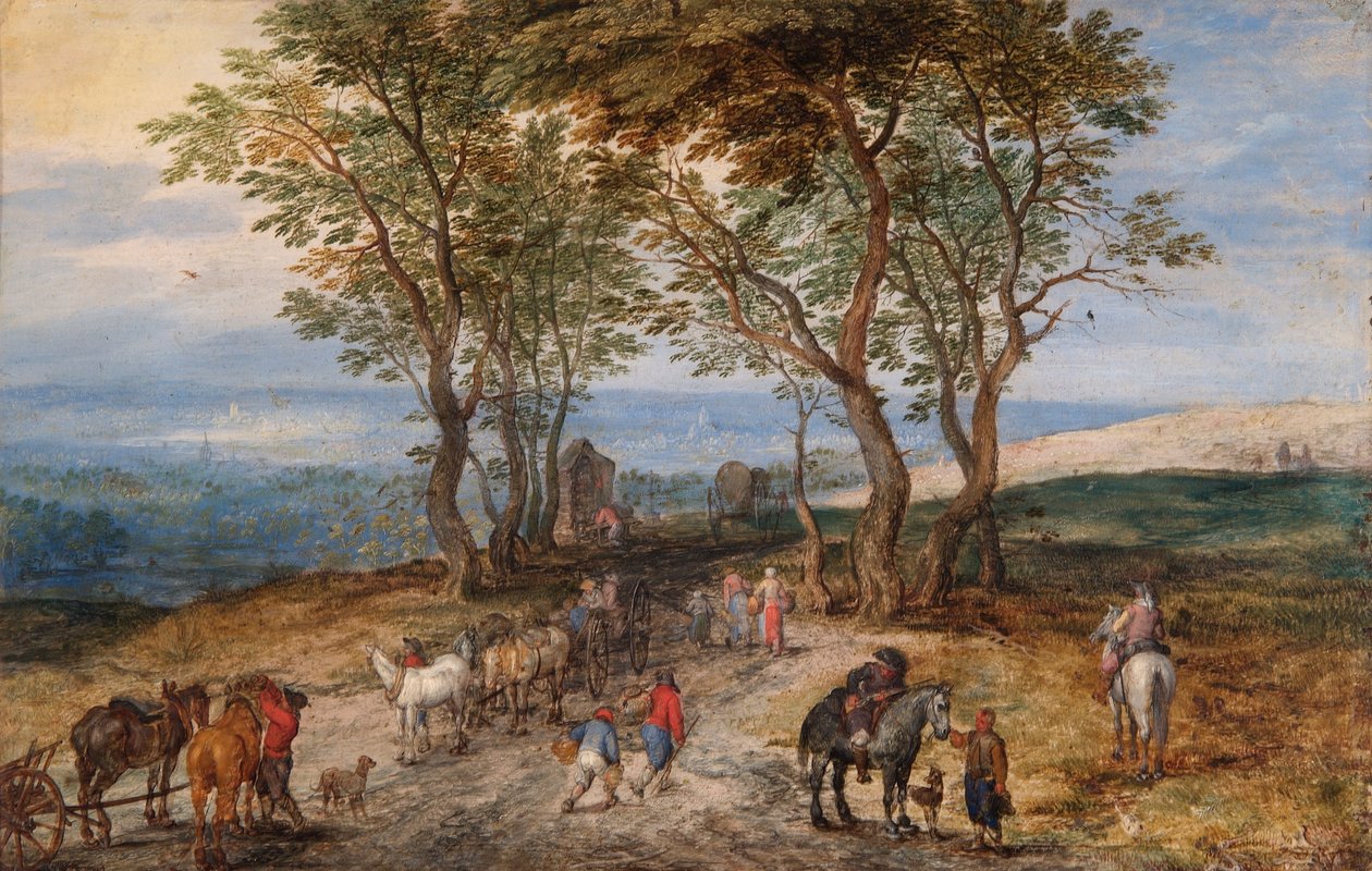 Scena wiejskiej drogi z postaciami: mężczyzna modlący się w świątyni, ok. 1610 r. (olej na miedzi) autorstwa Jan the Elder Brueghel