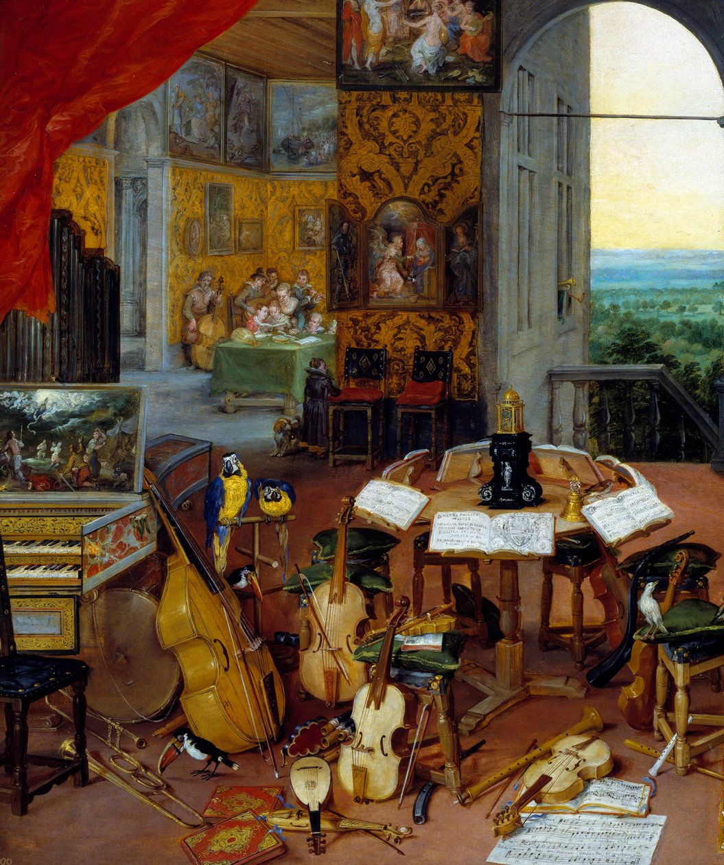 Słuch szczegółowy reprezentujący instrumenty muzyczne (wiolonczela, skrzypce, lutnia, flet, klawesyn). Obraz Jana Brueghela Le Vieux nazywa Brueghel de Velours (Brueghel lub Brueghel autorstwa Jan the Elder Brueghel