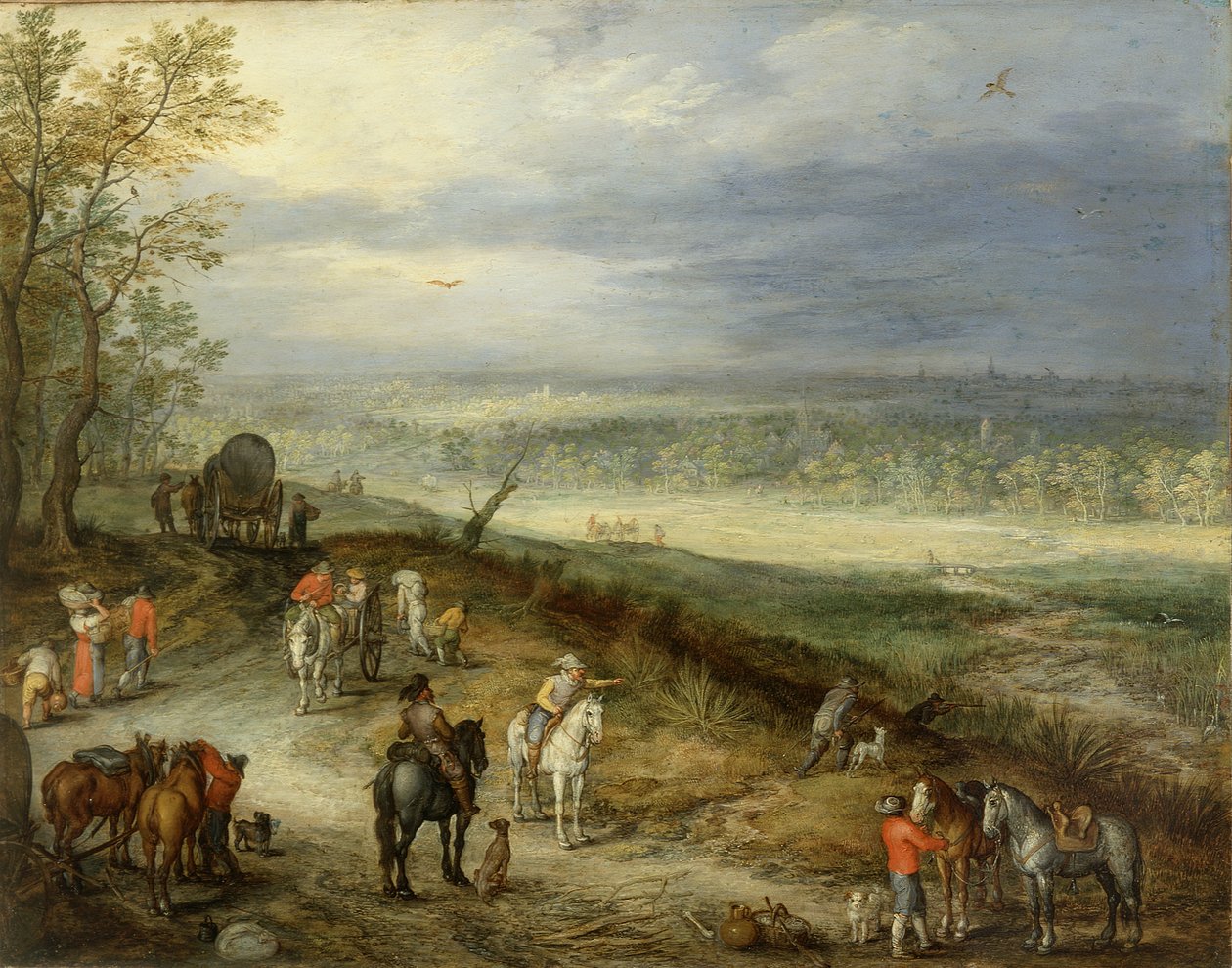 Rozległy pejzaż z podróżnikami na wiejskiej drodze, ok. 1608-10 (olej na miedzi) autorstwa Jan the Elder Brueghel