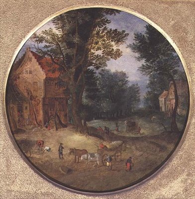 Flamandzki pejzaż z wózkami i figurami (tondo, panel) autorstwa Jan the Elder Brueghel