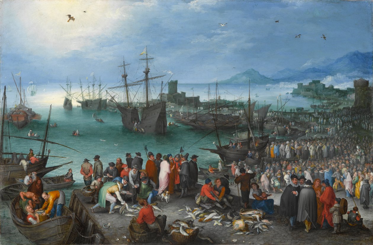 Scena portowa z wyjazdem św. Pawła z Cezarei, 1596 (olej na miedzi) autorstwa Jan the Elder Brueghel