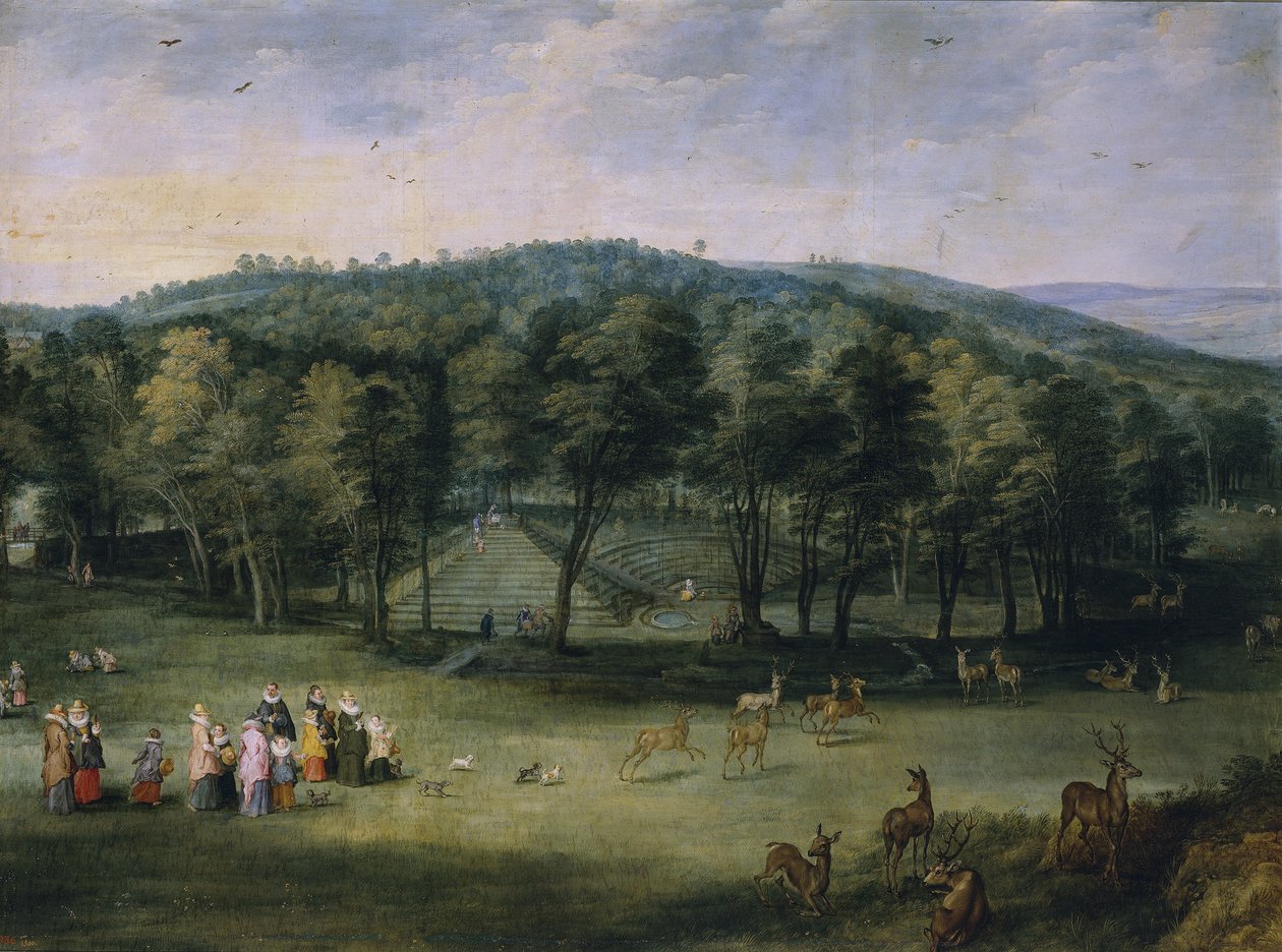 Infanta Isabella Clara Eugenia z Hiszpanii w Parc de Mariemont, pierwsza tercja XVII w. autorstwa Jan the Elder Brueghel