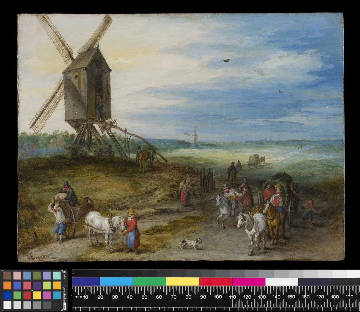 Pejzaż z młynem i wozami, ok. 1611 (olej na miedzi) autorstwa Jan the Elder Brueghel