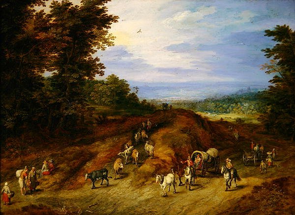 Krajobraz z chłopami, wozami i zwierzętami (olej na miedzi) autorstwa Jan the Elder Brueghel