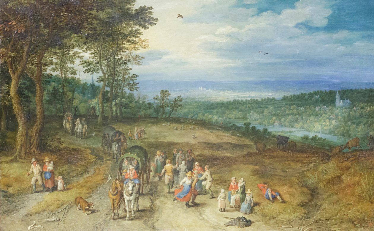 Krajobraz z podróżnikami i chłopami na szlaku autorstwa Jan the Elder Brueghel