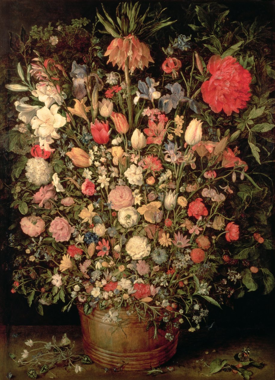 Duży bukiet kwiatów w drewnianej wannie autorstwa Jan the Elder Brueghel