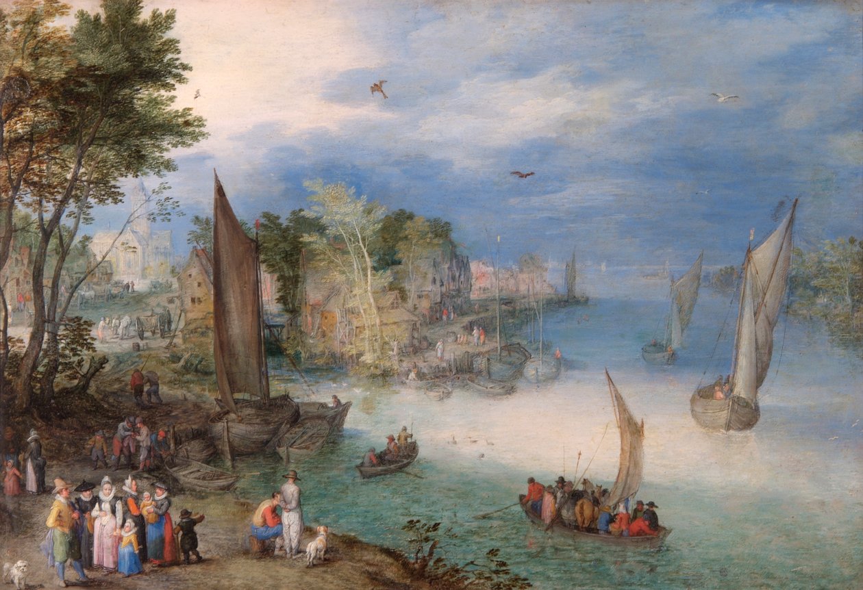 Rzeczna scena z łodziami i postaciami autorstwa Jan the Elder Brueghel
