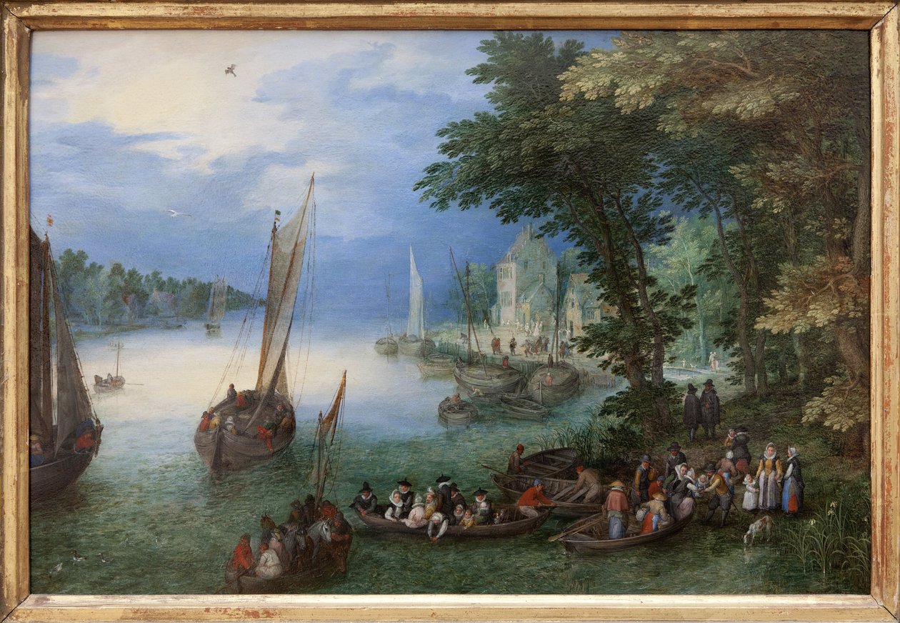Scena rzeczna lub barka, Obraz olejny na miedzi Jana Bruegla, dit Bruegel de Velours (1568-1625), ok. 1605. Wymiary: 24 x 36 cm. Fotografia, KIM Youngtae, Nantes, Musee des Beaux Arts de Nantes. autorstwa Jan the Elder Brueghel