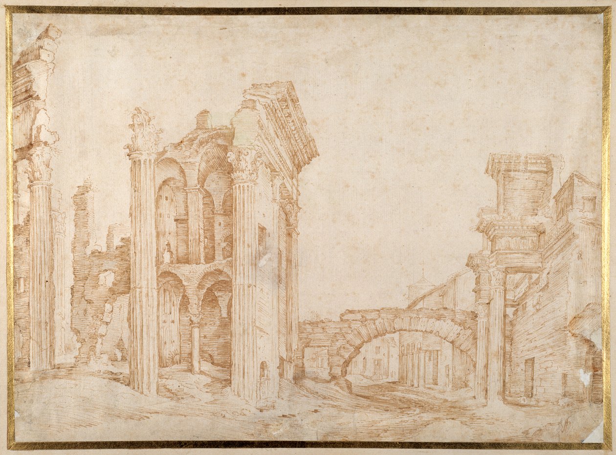 Ruiny starożytnego forum Nerwy w Rzymie („Forum Transiterius”) w oddali Campanile SS. Quirico i Giuletta (pióro i tusz na papierze) autorstwa Jan the Elder Brueghel