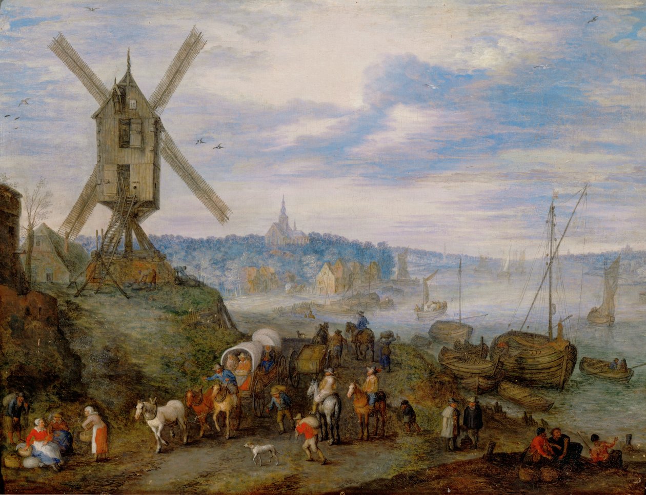 Port morski z wiatrakiem ... autorstwa Jan the Elder Brueghel